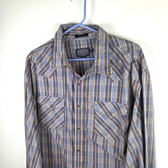 Men's Pendleton Brown Blue Snap Button Casual Plaid Frontier Shirt Size XXL - Picture 4 of 8